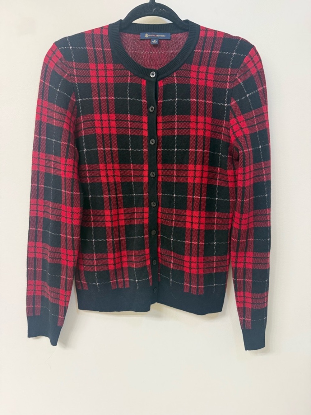 BROOKS BROTHETS  Red and Black Plaid Crewneck Cardigan Sweater womens size M